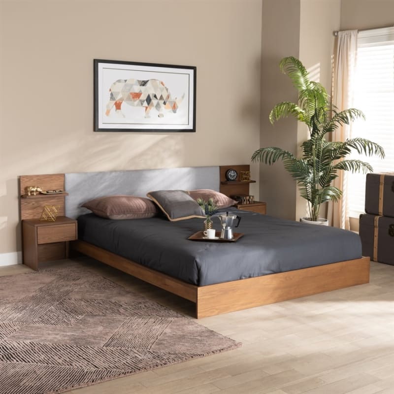 Sami Platform Storage Bed in Light Grey Fabric and Walnut Brown Finish by Baxton Studio - BAX-MG-0052-Light Grey/Ash Walnut-Queen