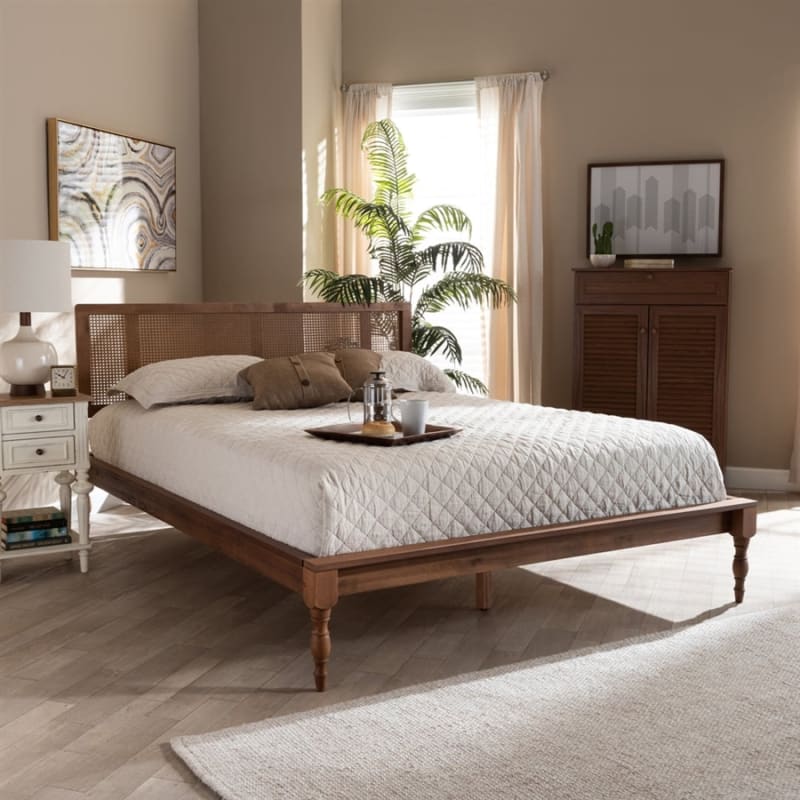 Romy Platform Bed in Ash Wanut and Synthetic Rattan Finish by Baxton Studio - BAX-MG0005-Ash Walnut Rattan-Queen