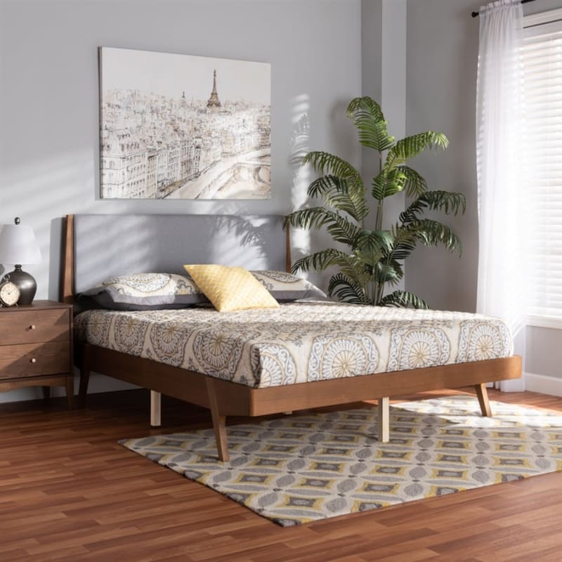 Senna Platform Bed in Grey Fabric and Walnut Brown Finish by Baxton Studio - BAX-MG0008S-Light Grey/Walnut-Queen