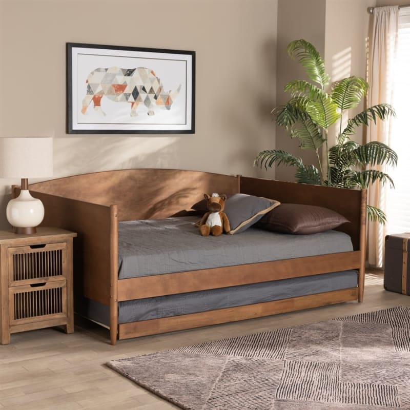 Veles Daybed with Trundle in Ash Walnut Finish by Baxton Studio - BAX-MG0016-Ash Walnut-Full Daybed with Trundle