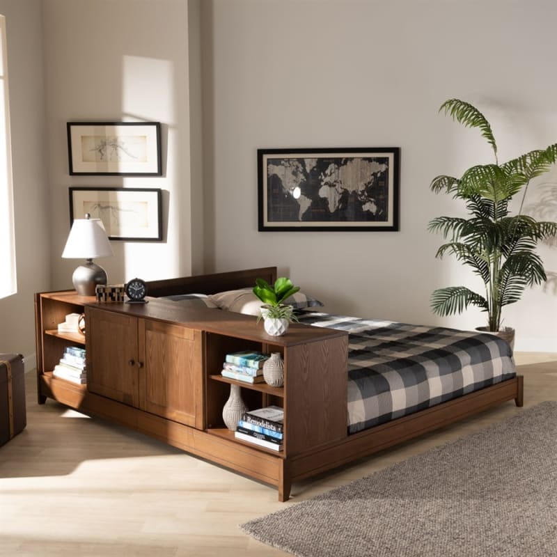Kaori Platform Storage Bed in Walnut Brown Finish by Baxton Studio - BAX-MG0028-Walnut-Queen