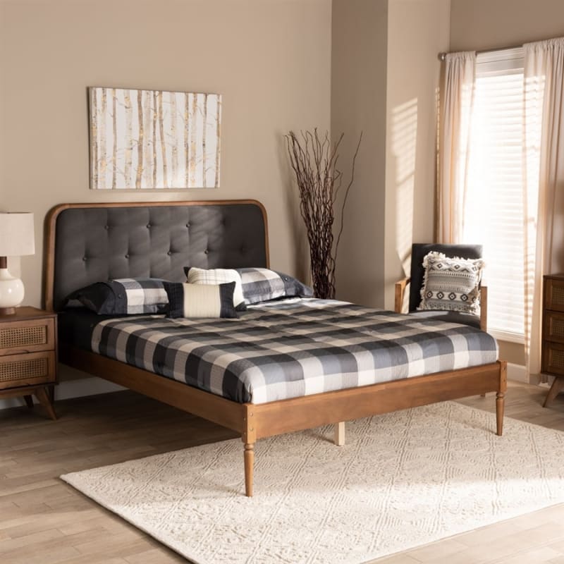 Diantha Platform Bed in Dark Grey Fabric and Walnut Brown Finish by Baxton Studio - BAX-MG0061-Dark Grey/Walnut-King