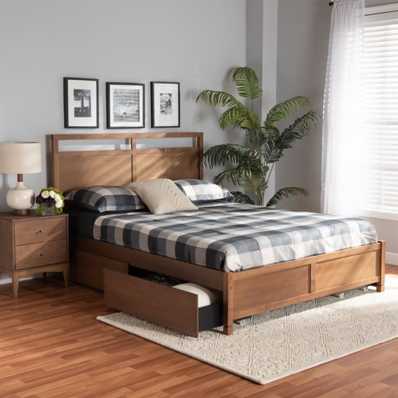 Saffron Platform Storage Bed in Walnut Brown Finish by Baxton Studio - BAX-MG0068-Walnut-4DW-Queen-Bed