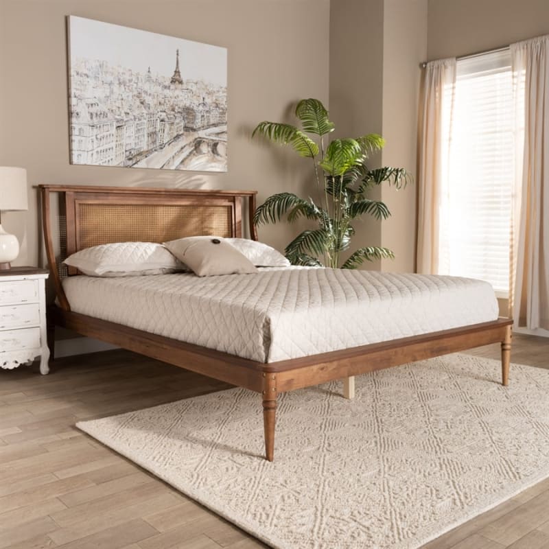 Jamila Platform Bed in Walnut Brown and Synthetic Rattan Finish by Baxton Studio - BAX-MG0069-Rattan/Walnut-Queen