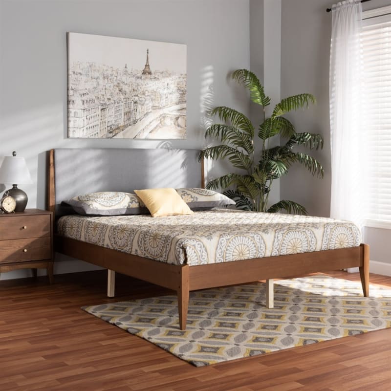 Lenora Platform Bed in Grey Fabric and Walnut Brown Finish by Baxton Studio - BAX-MG0077S-Light Grey/Walnut-King