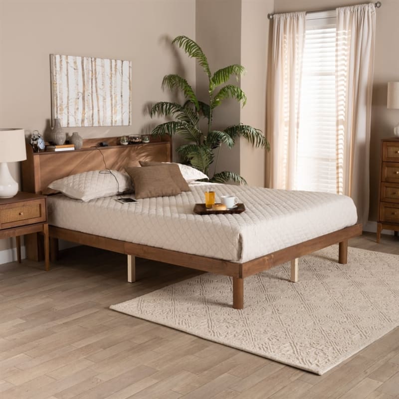Decker Platform Bed with Charging Station in Walnut Brown Finish by Baxton Studio - BAX-MG0081S-Walnut-Queen