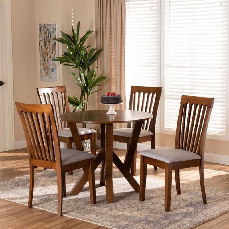 Marian 5 Piece Round Dining Room Set in Grey and Walnut Brown Finish by Baxton Studio - BAX-Marian-Grey/Walnut-5PC