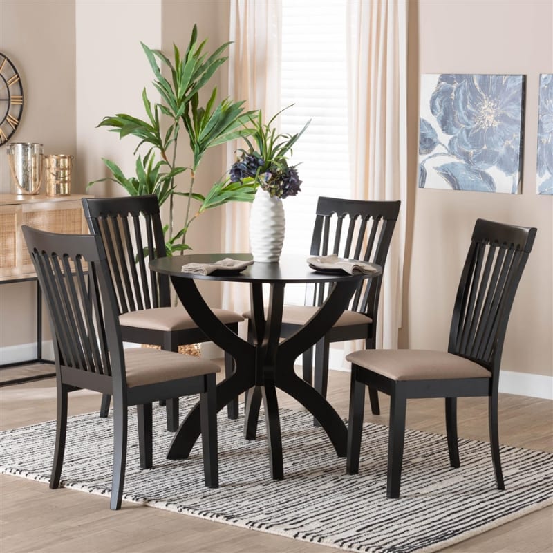 Bailey 5 Piece Round Dining Room Set in Grey and Dark Brown Finish by Baxton Studio - BAX-Maura-Sand/Dark Brown-5PC