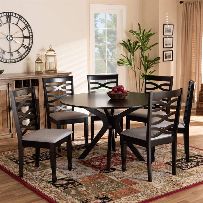 Mila 7 Piece Round Table Dining Room Set in Grey Fabric and Dark Brown Finish by Baxton Studio - BAX-Mila-Grey/Dark Brown-7PC