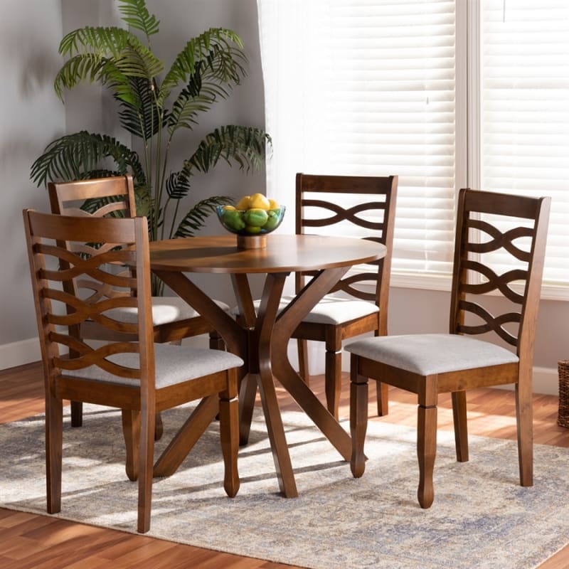 Mila 5 Piece Round Table Dining Room Set in Grey Fabric and Walnut Brown Finish by Baxton Studio - BAX-Mila-Grey/Walnut-5PC