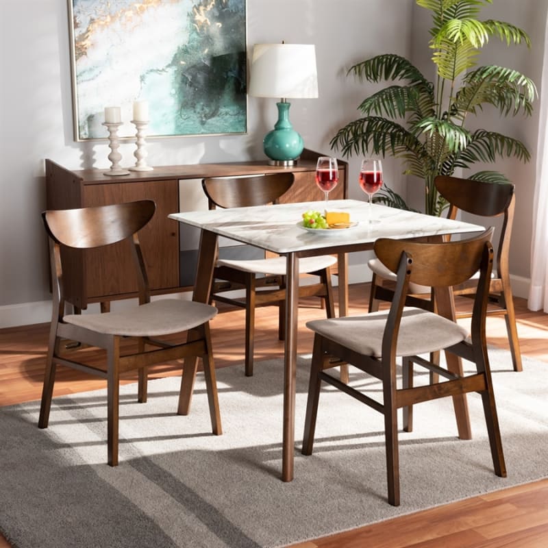 Paras 5 Piece Dining Room Set in Light Beige Fabric and Walnut Brown Finish by Baxton Studio - BAX-Paras-Latte/Walnut-5PC
