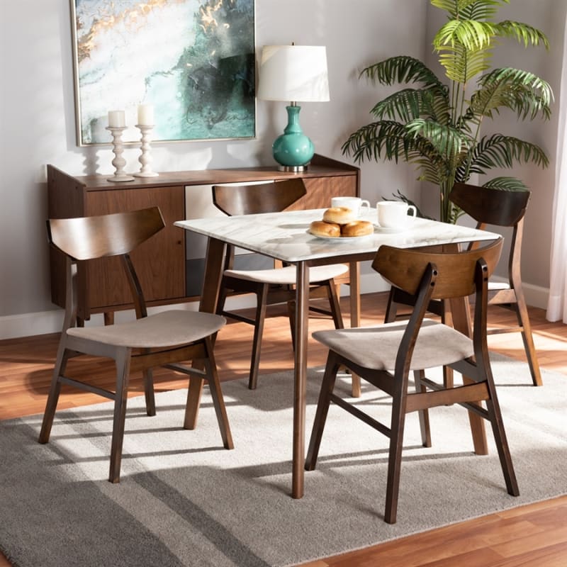 Pearson 5 Piece Dining Room Set in Light Beige Fabric and Walnut Brown Finish by Baxton Studio - BAX-Pearson-Latte/Walnut-5PC