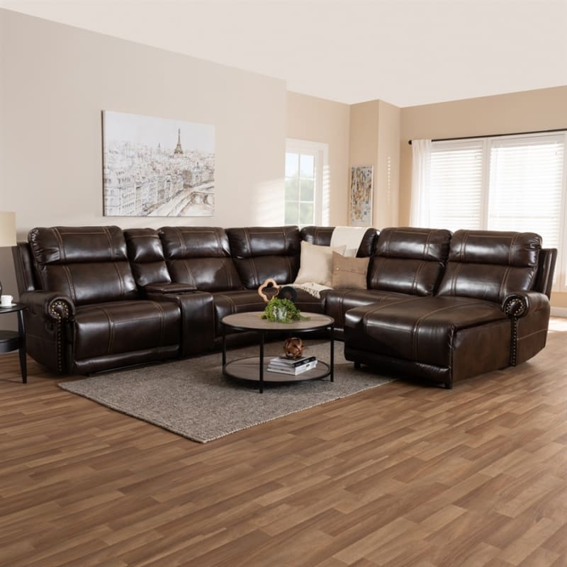 Dacio Modern and Contemporary Brown Faux Leather 6-Piece Reclining Sectional by Baxton Studio - BAX-R7075A-Brown-SF