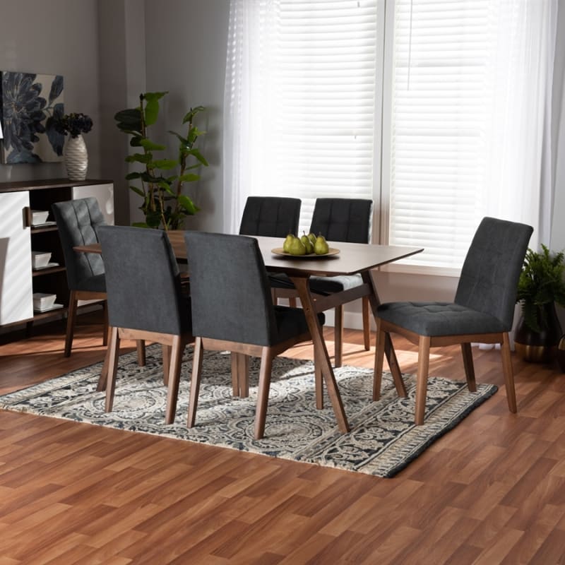 Tara 7 Piece Dining Room Set in Dark Grey Fabric and Walnut Brown Finish by Baxton Studio - BAX-RDC714-Dark Grey/Walnut-7PC