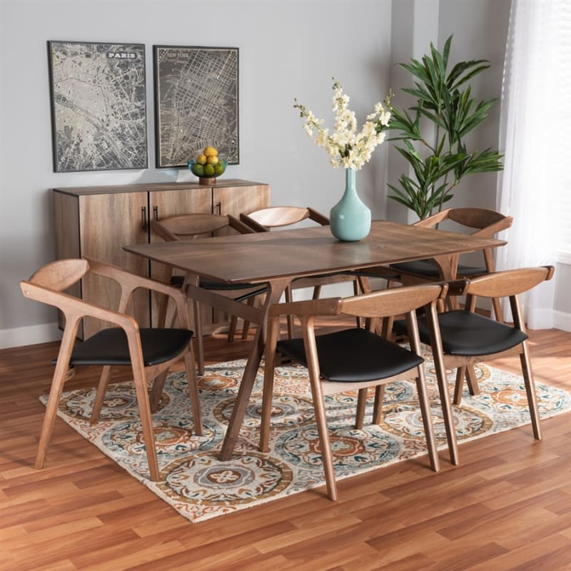 Harland 7 Piece Dining Room Set in Black Faux Leather and Walnut Brown Finish by Baxton Studio - BAX-RDC809B-AC-Black/Walnut-7PC