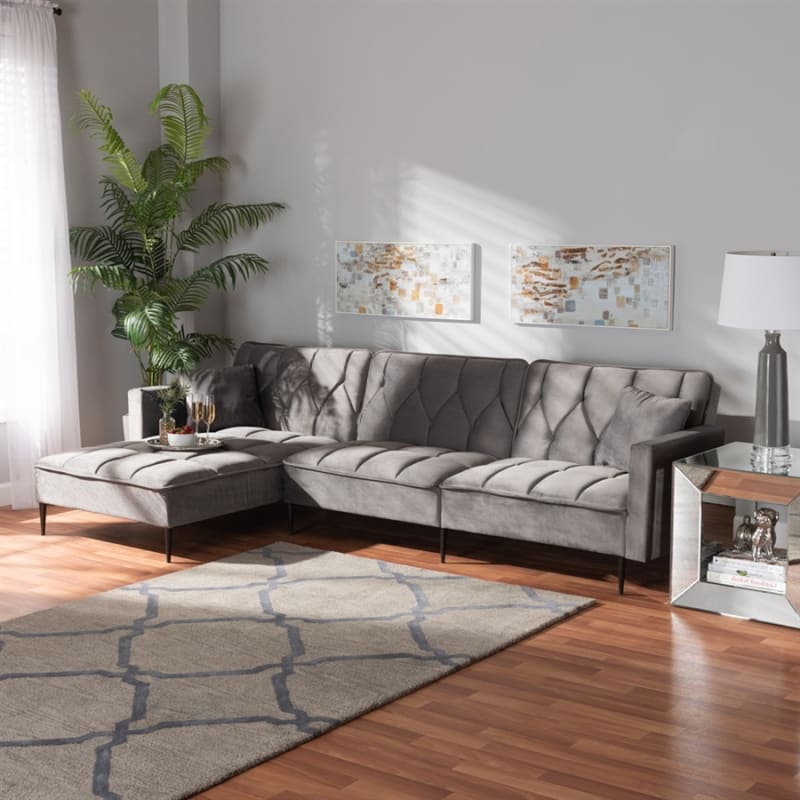 Galena Contemporary Glam and Luxe Grey Velvet Sleeper Sectional with Left Facing Chaise by Baxton Studio - BAX-RDS-S0019L-Grey Velvet/Black-LFC
