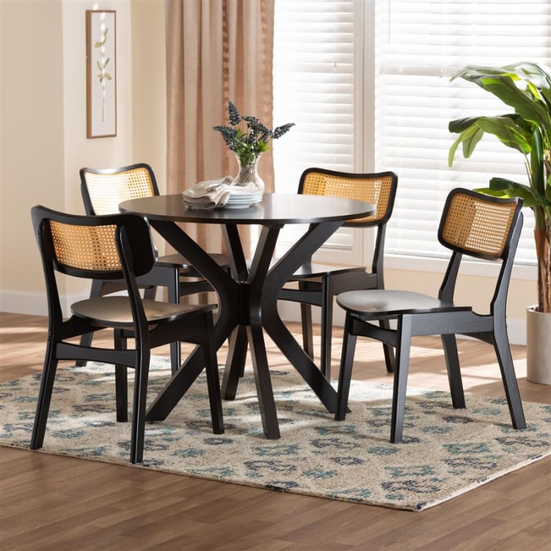 Linnet 5 Piece Round Dining Room Set in Dark Brown and Rattan Finish by Baxton Studio - BAX-RH254C-Natural Rattan/DB-Round-5PC
