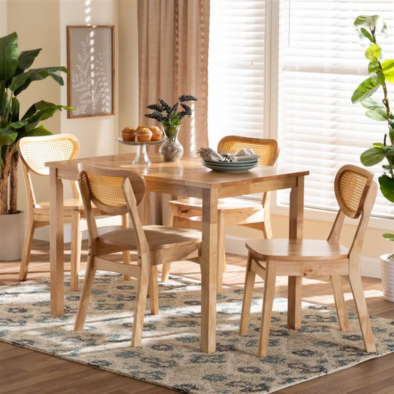 Haviland 5 Piece Rectangular Dining Room Set in Oak Brown and Rattan Brown by Baxton Studio - BAX-RH256C-Natural Rattan-Rectangle-5PC