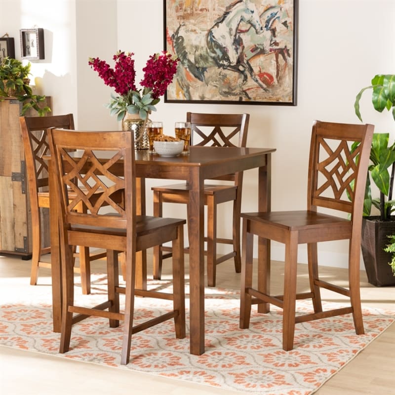 Nicolette 5 Piece Counter Height Dining Set in Walnut Brown Finish by Baxton Studio - BAX-RH340P-Walnut-5PC