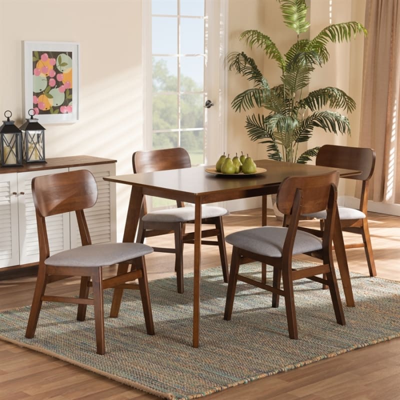 Euclid 5 Piece Dining Room Set in Grey Fabric and Walnut Brown Finish by Baxton Studio - BAX-RH369C-Grey/Walnut-5PC