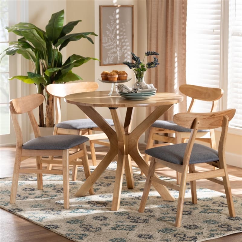 Shirina 5 Piece Round Dining Room Set in Grey and Natural Brown by Baxton Studio - BAX-RH373C-Grey/Natural-Round-5PC