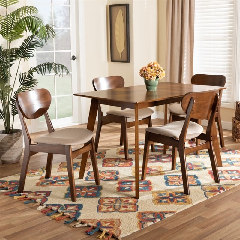 Katya 5 Piece Dining Room Set in Sand Fabric and Walnut Brown Finish by Baxton Studio - BAX-RH378C-Sand/Walnut-5PC