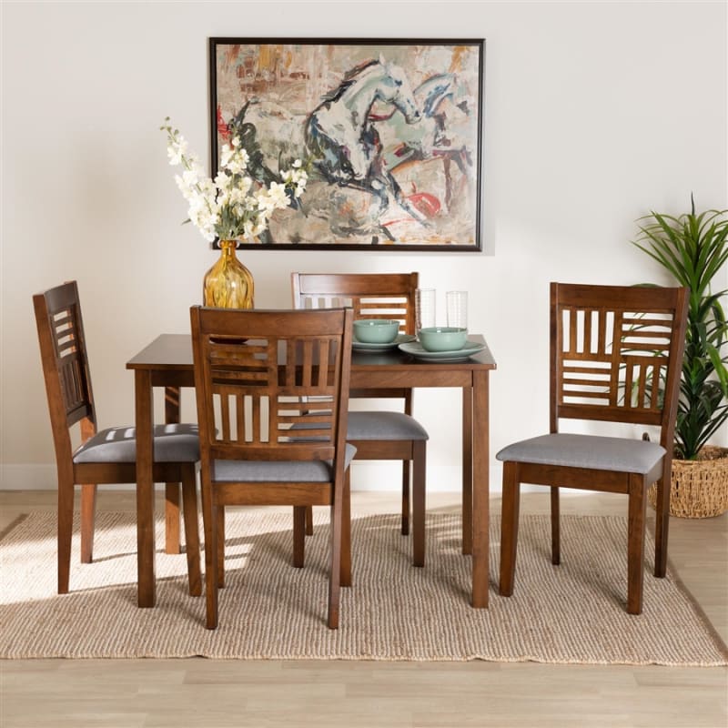Deanna 5 Piece Rectangular Dining Room Set in Grey and Walnut Brown Finish by Baxton Studio - BAX-RH387C-Grey/Walnut-5PC