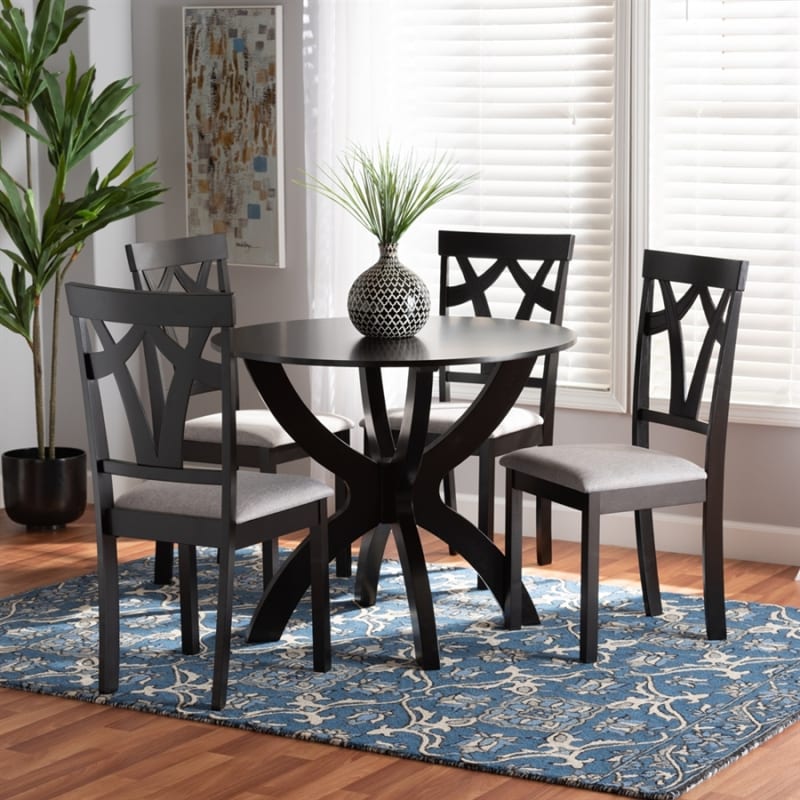 Rasa 5 Piece Round Table Dining Room Set in Grey Fabric and Dark Brown Finish by Baxton Studio - BAX-Rasa-Grey/Dark Brown-5PC