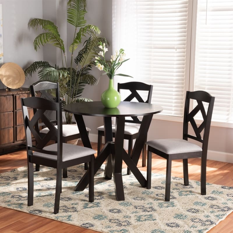 Riona 5 Piece Round Table Dining Room Set in Grey Fabric and Dark Brown Finish by Baxton Studio - BAX-Riona-Grey/Dark Brown-5PC