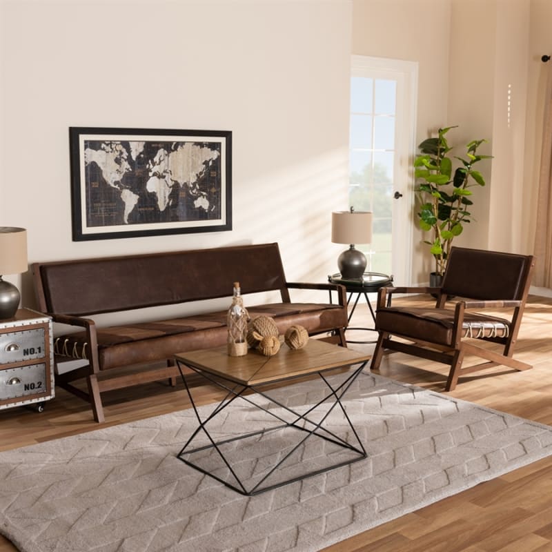 Rovelyn Rustic Brown Faux Leather 2-Piece Living Room Set by Baxton Studio - BAX-Rovelyn-Dark Brown/Walnut-2PC Set