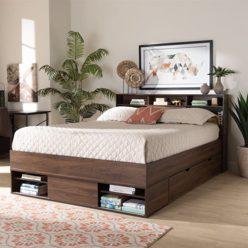 Tristan Platform Storage Bed in Walnut Brown Finish by Baxton Studio - BAX-SEBED13017026-Columbia-Queen