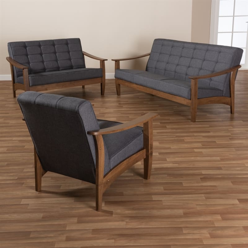 Larsen Mid-Century Modern Grey 3-Piece Living Room Set by Baxton Studio - BAX-SW5506-Grey/Walnut-3PC Set
