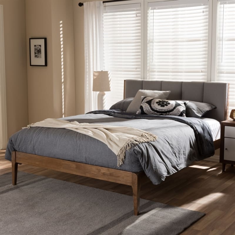Ember Platform Bed in Light Grey Fabric and Medium Brown Finish by Baxton Studio - BAX-SW8063-Light Grey/Walnut-M7-Queen