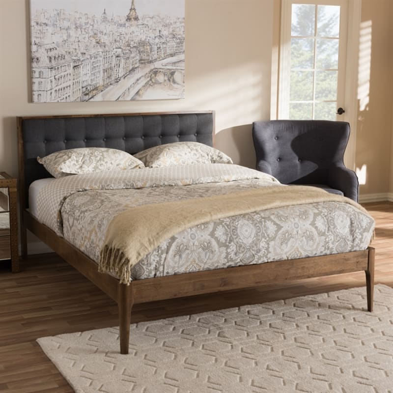 Jupiter Platform Bed in Grey Fabric and Walnut Finish by Baxton Studio - BAX-SW8085-Walnut-M17-Queen