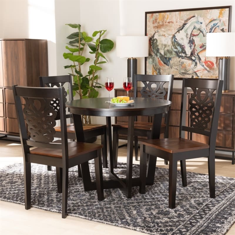 Salida 5 Piece Round Table Dining Room Set in Dark Brown and Walnut Brown Finish by Baxton Studio - BAX-Salida-Dark Brown/Walnut-5PC
