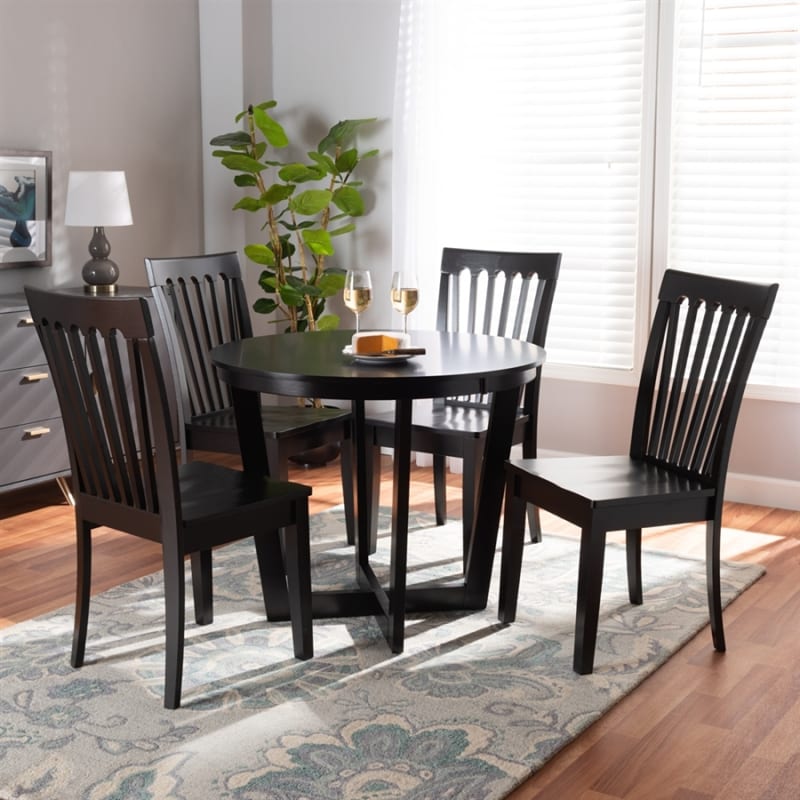 Sasa 5 Piece Round Table Dining Room Set in Dark Brown Finish by Baxton Studio - BAX-Sasa-Dark Brown-5PC