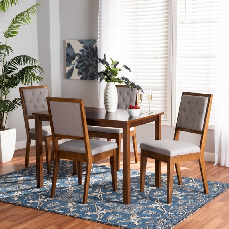 Suvi 5 Piece Dining Room Set in Grey Fabric and Walnut Brown Finish by Baxton Studio - BAX-Suvi-Grey/Walnut-5PC