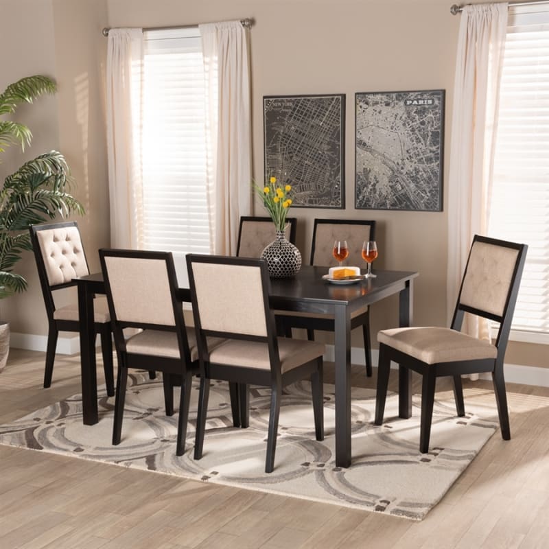 Suvi 7 Piece Dining Room Set in Sand Fabric and Dark Brown Finish by Baxton Studio - BAX-Suvi-Sand/Dark Brown-7PC