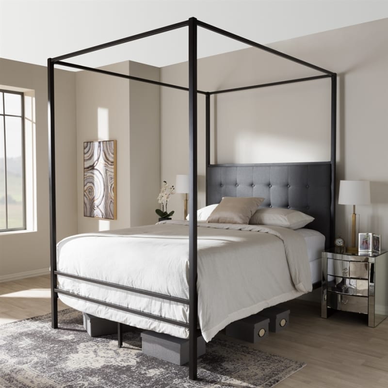 Eleanor Canopy Bed in Dark Bronze Metal and Grey Fabric Finish by Baxton Studio - BAX-TS-Eleanor-Black-Queen
