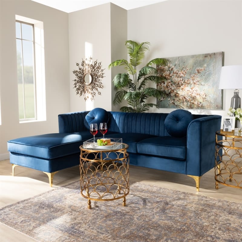 Giselle Glam and Luxe Navy Blue Velvet Sectional with Left Facing Chaise by Baxton Studio - BAX-TSF-6636-Navy Blue/Gold-LFC