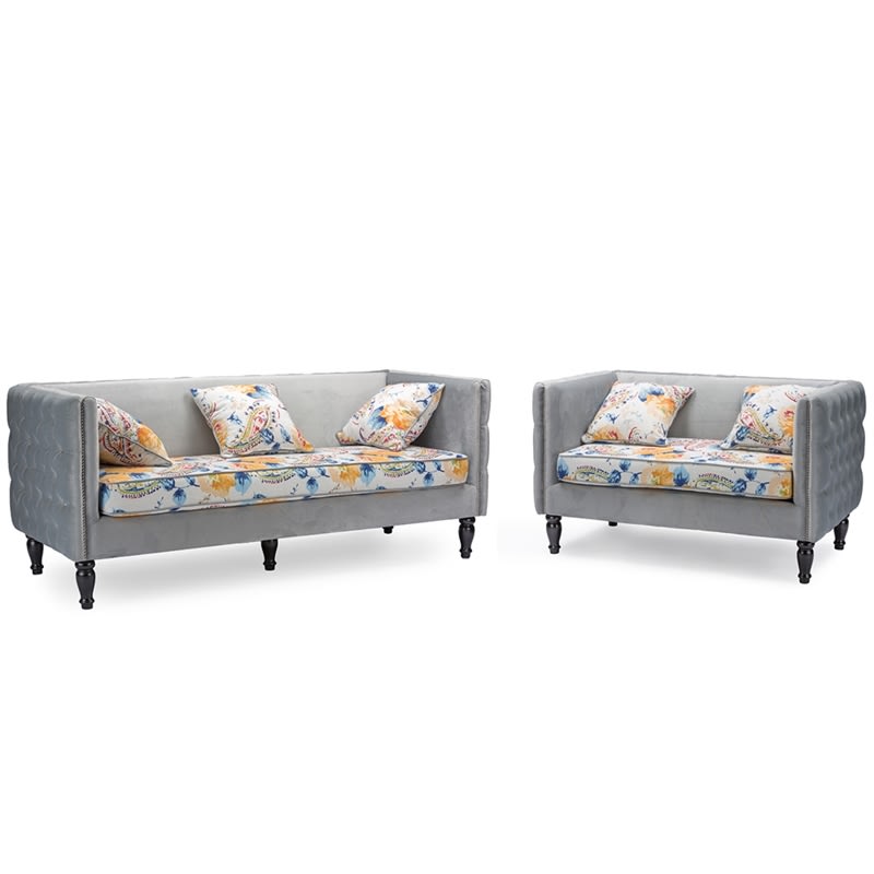 Penelope Gray Velvet and Paisley-floral Sofa and Loveseat Set by Baxton Studio - BAX-TSF-8125