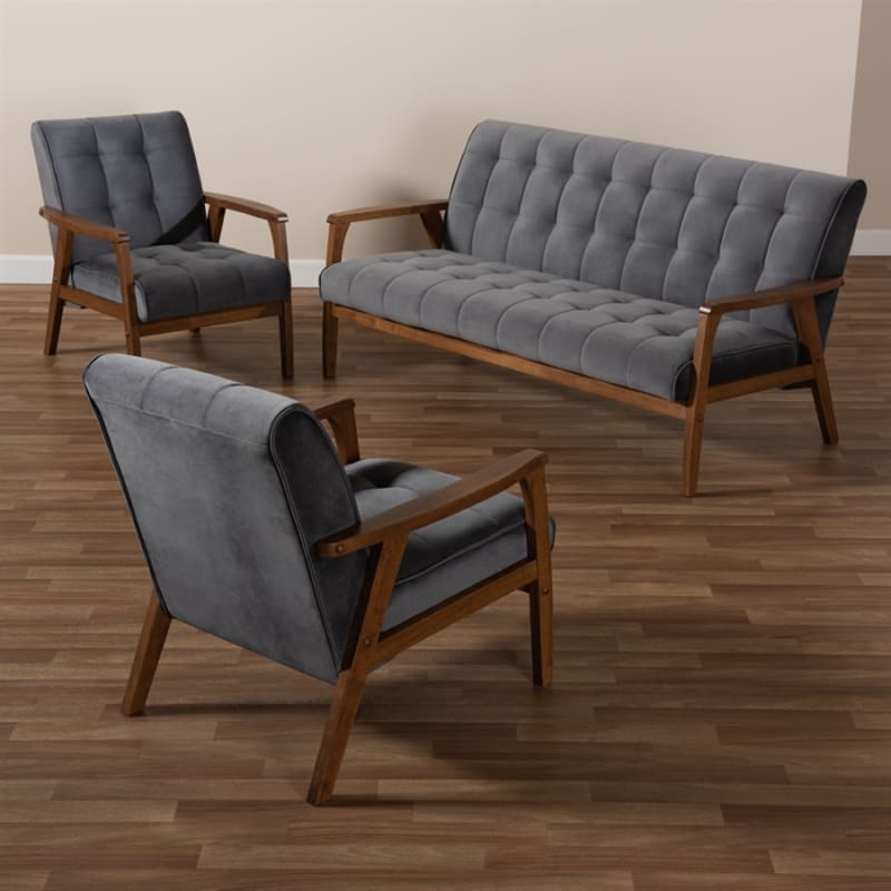 Asta Mid-Century Modern Grey Velvet 3-Piece Living Room Set by Baxton Studio - BAX-Togo-Grey Velvet/Walnut-3PC SF Set