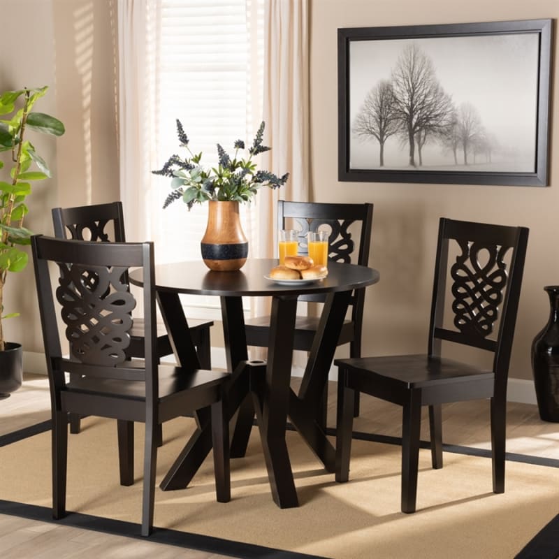 Valda 5 Piece Round Table Dining Room Set in Dark Brown Finish by Baxton Studio - BAX-Valda-Dark Brown-5PC