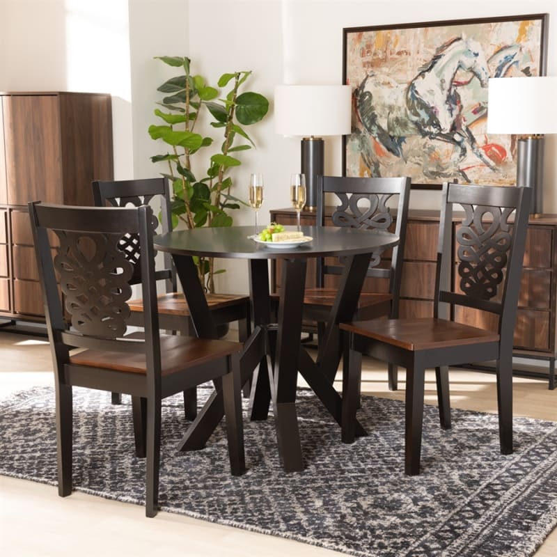 Valda 5 Piece Round Table Dining Room Set in Dark Brown and Walnut Brown Finish by Baxton Studio - BAX-Valda-Dark Brown/Walnut-5PC