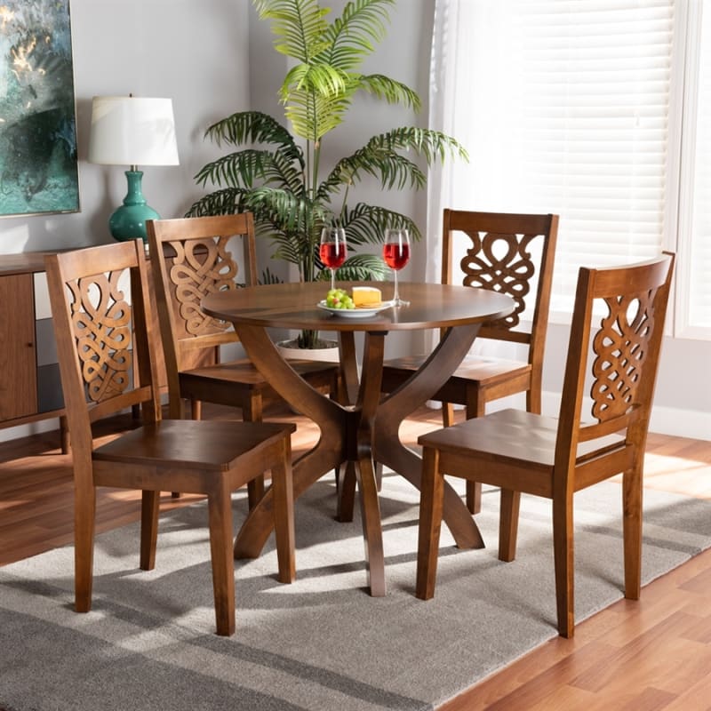 Wanda 5 Piece Round Table Dining Room Set in Walnut Brown Finish by Baxton Studio - BAX-Wanda-Walnut-5PC
