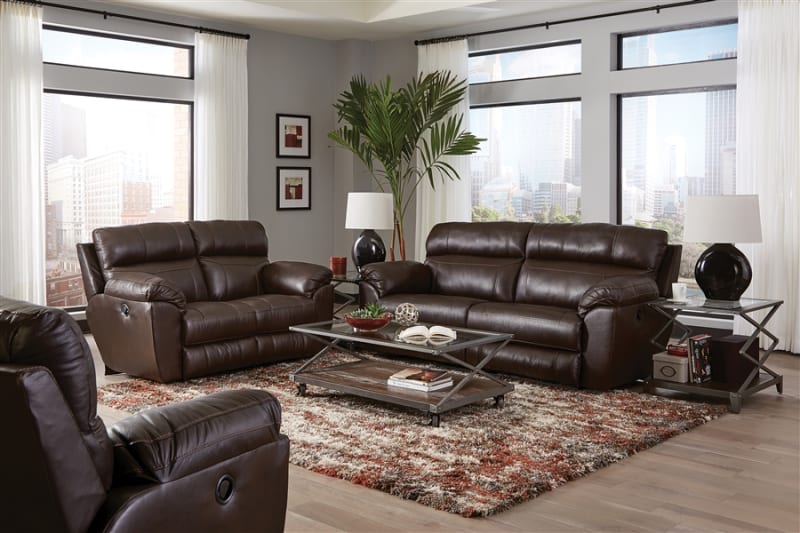 Costa 2 Piece Lay Flat Reclining Sofa Set in Chocolate Color Leather by Catnapper - 407-SET-CH