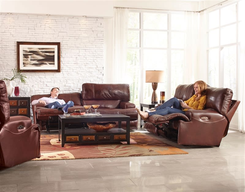 Wembley 2 Piece Power Headrest Power Lay Flat Reclining Sofa Set in Walnut Leather by Catnapper - 6458-SET-W
