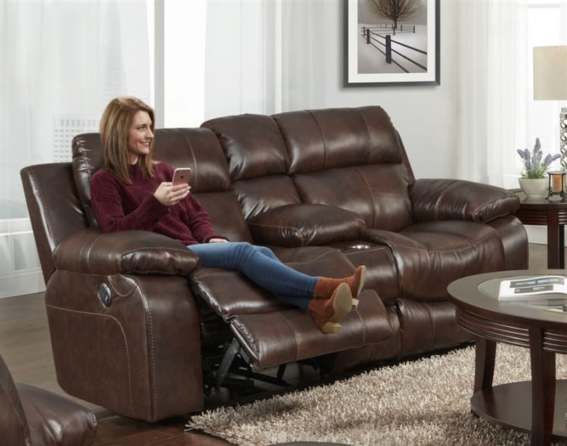 Positano Power Reclining Console Loveseat in Cocoa Leather by Catnapper - 64999