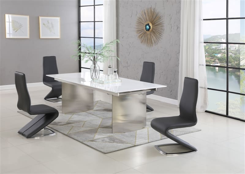 Glenda-Tara Piece Dining Room Set in Gloss White/Brushed SS