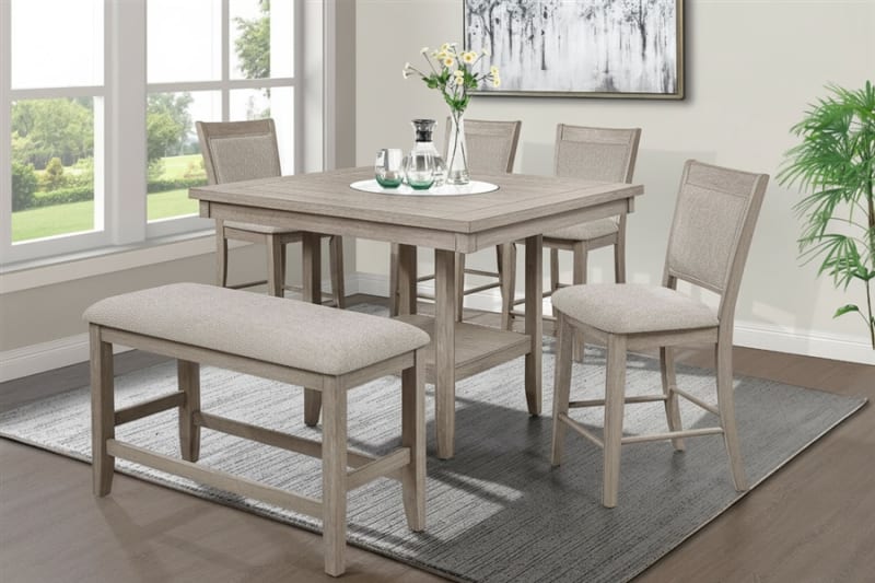 Fulton 5 Piece Counter Height Dining Room Set in Weathered White Oak Finish by Crown Mark - CM-2727MB-T-4848-5P